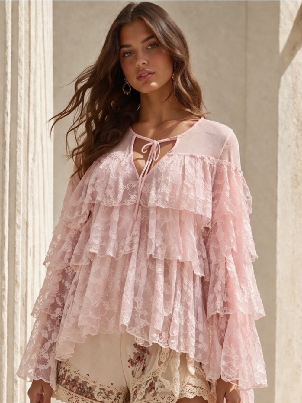 Galita Blush Pink Lace Ruffle Blouse With Studs